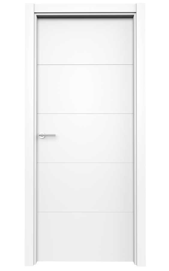 Una puerta blanca con tirador sobre un fondo blanco.