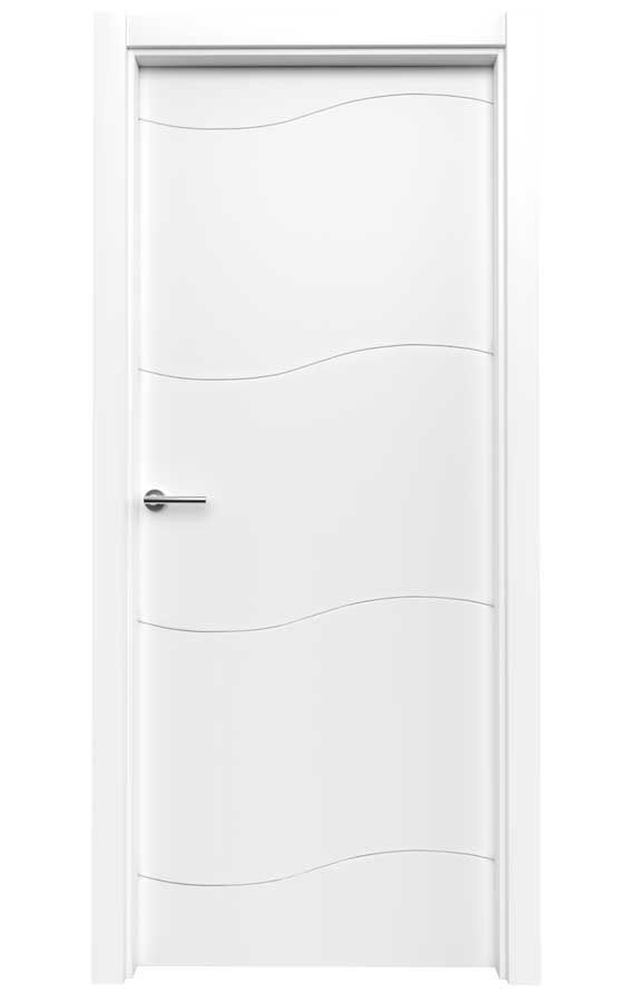 Una puerta blanca con tirador sobre un fondo blanco.