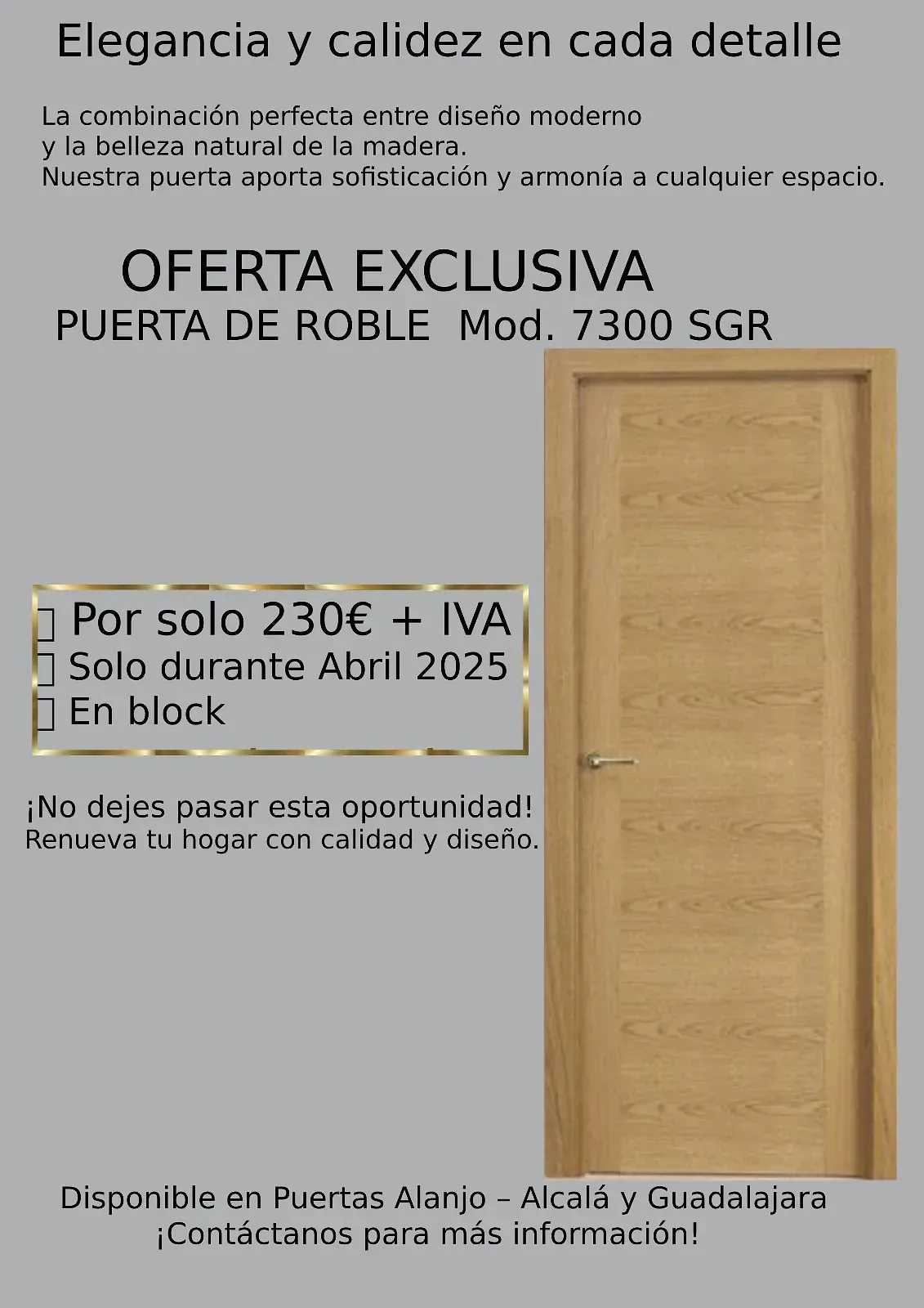 Un anuncio de una puerta de madera en español.
