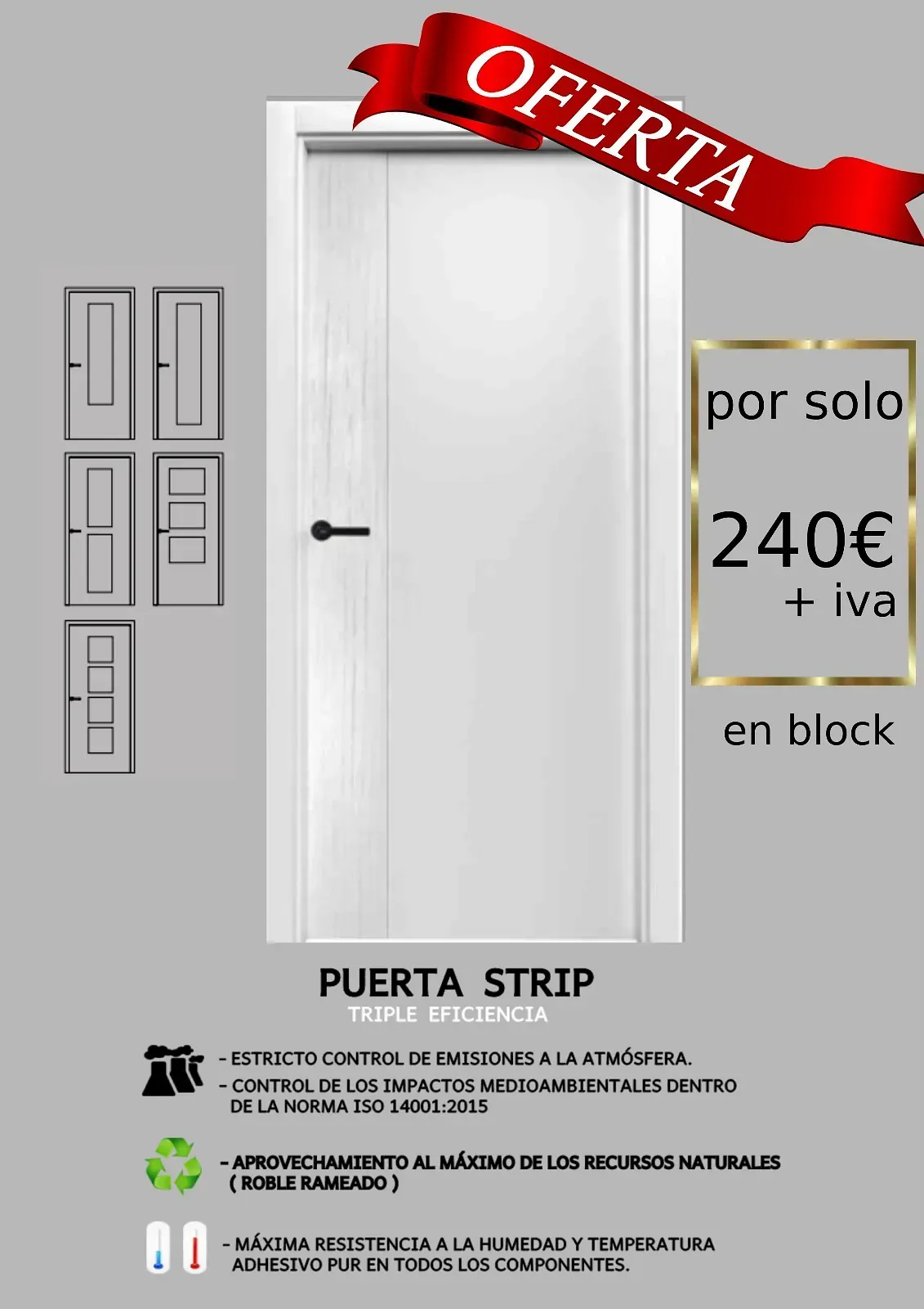 Una puerta blanca con una cinta roja que dice oferta.