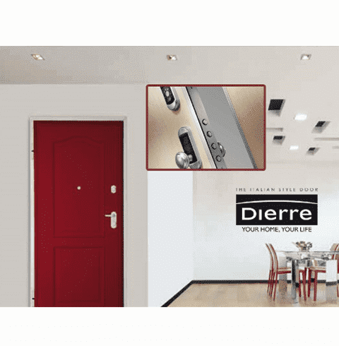 Una puerta roja esta en un comedor al lado de un cartel que dice dierre tu esperanza tu vida.