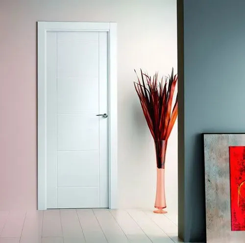 Una puerta blanca en una habitación al lado de un jarrón de flores.