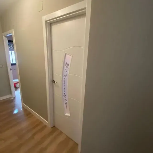 Un pasillo con una puerta blanca y suelo de madera.