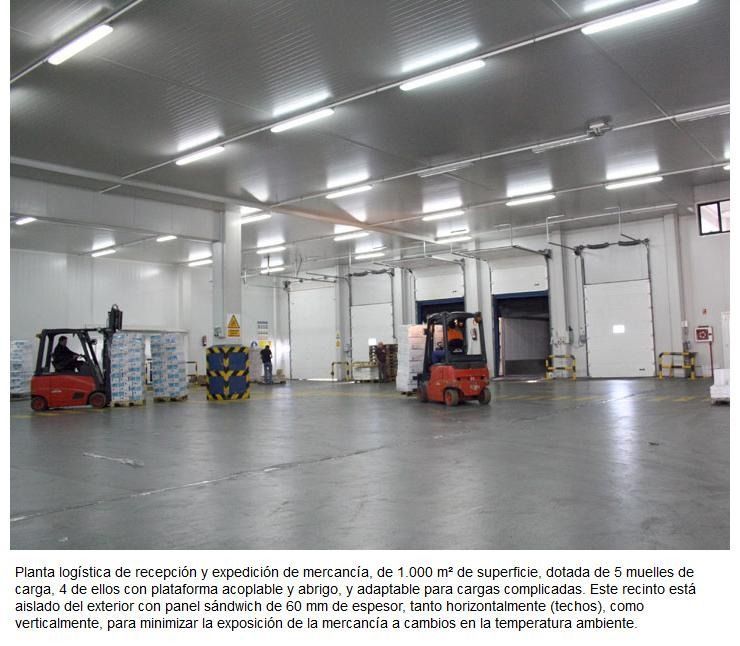 Un gran almacén con una carretilla elevadora en el medio.