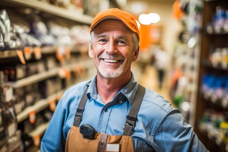 Un homme souriant avec une casquette orange dans les rayons d'un magasin