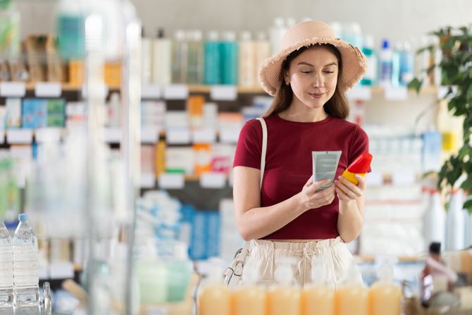 Una donna con in mano dei prodotti in offerta della Farmacia Santa Chiara.