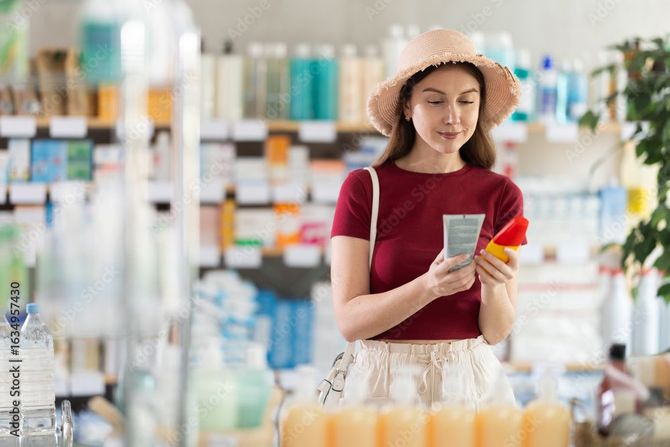 Una donna con in mano dei prodotti in offerta della Farmacia Santa Chiara.