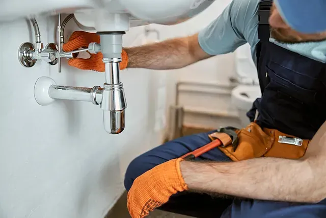 Un fontanero está arreglando un lavabo en un baño.