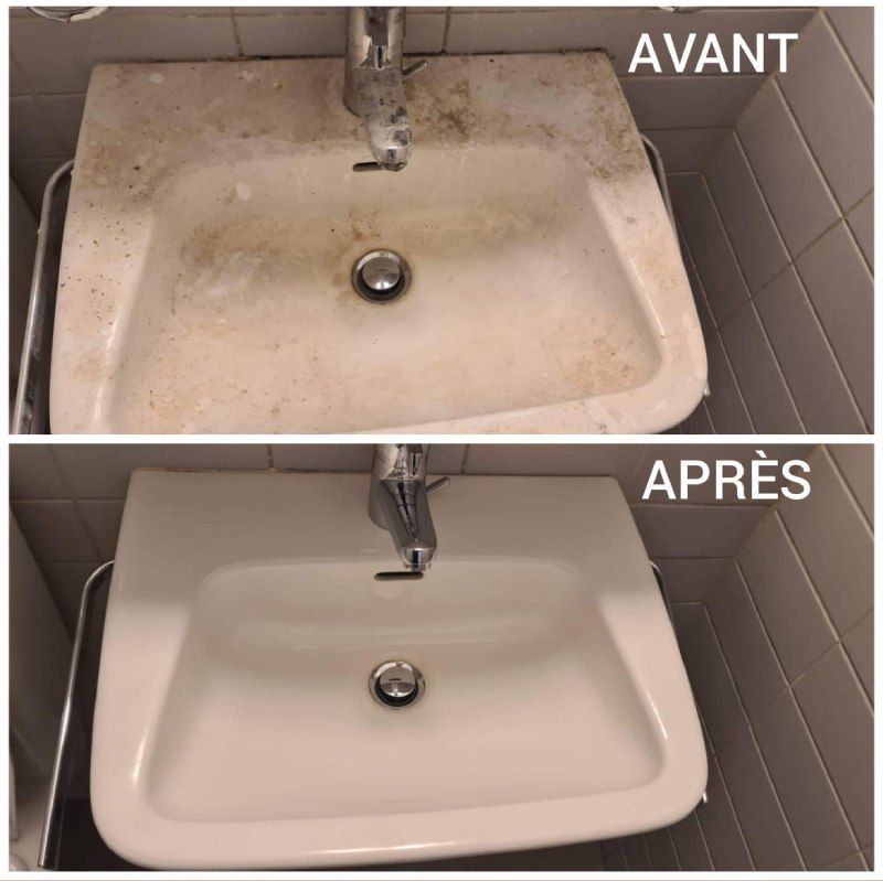 Photo d'un lavabo très sale puis très propre suite à un nettoyage professionnel