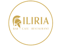 Logotipo dorado: “Iliria Bar Cafe Restaurant” con un casco estilizado dentro de un círculo dorado.