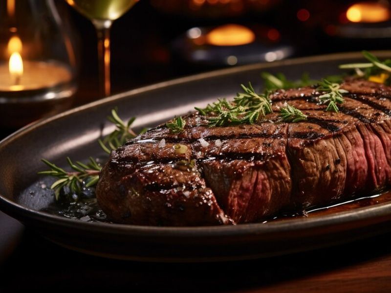 Bistec a la parrilla, adornado con romero, en un plato ovalado oscuro.