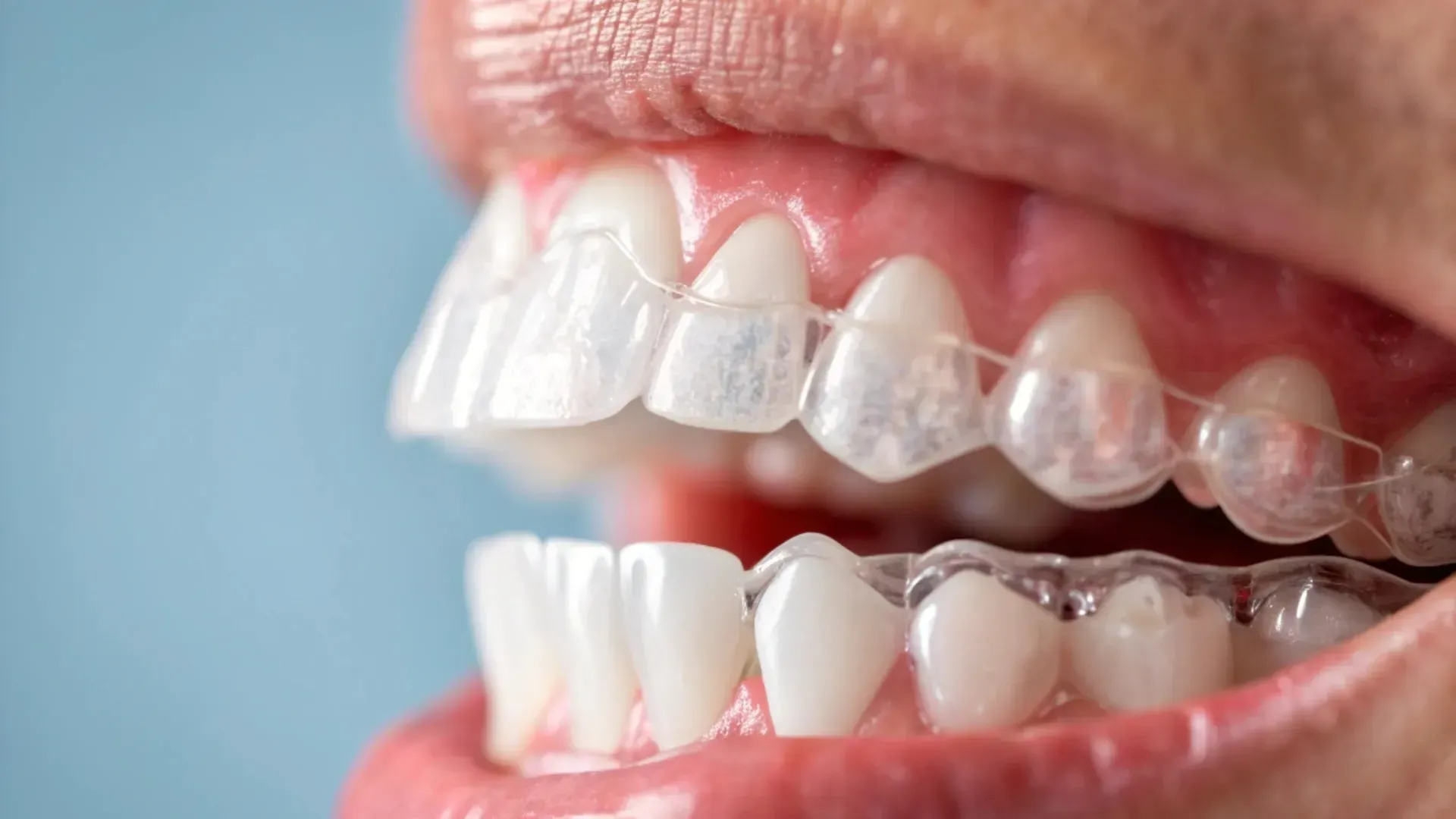 Dientes con alineador transparente en la boca, vista lateral, sobre un fondo azul.