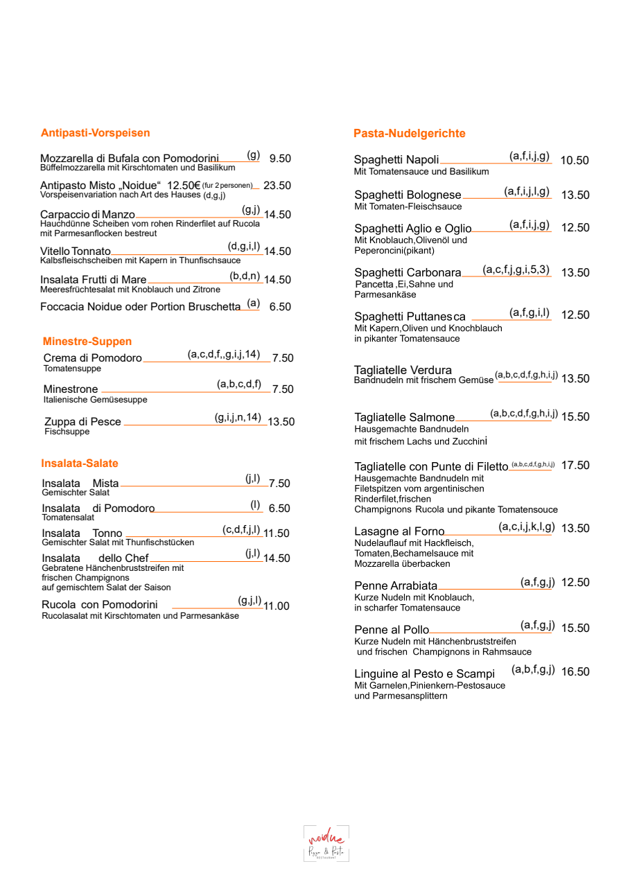 Speisekarte Noiduo Glindow Antipasta, Pasta