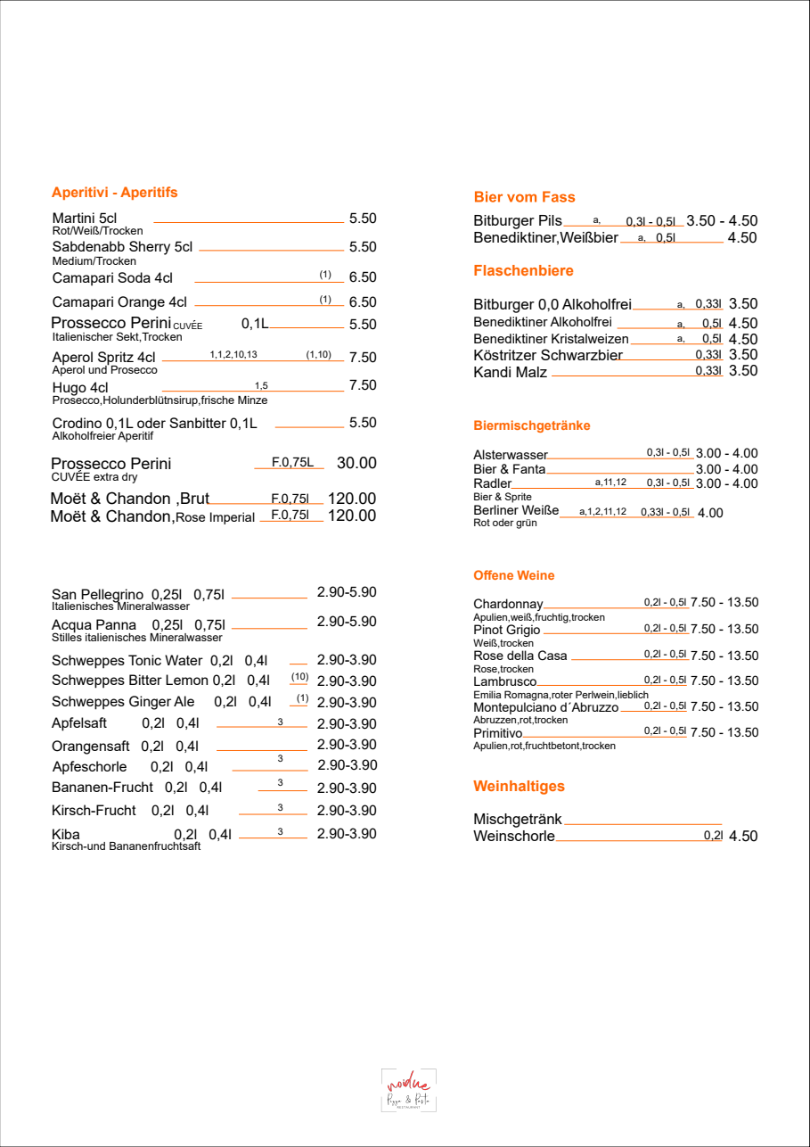 Speisekarte   Noiduo Glindow, Getränke