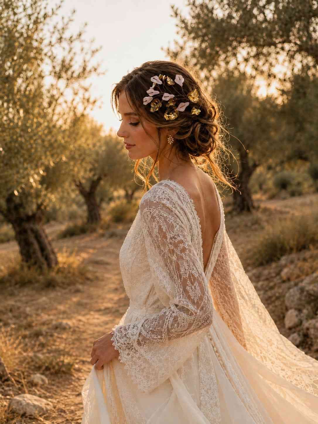 Mujer con vestido de encaje de pie en un campo iluminado por el sol al atardecer, con cabello adornado.