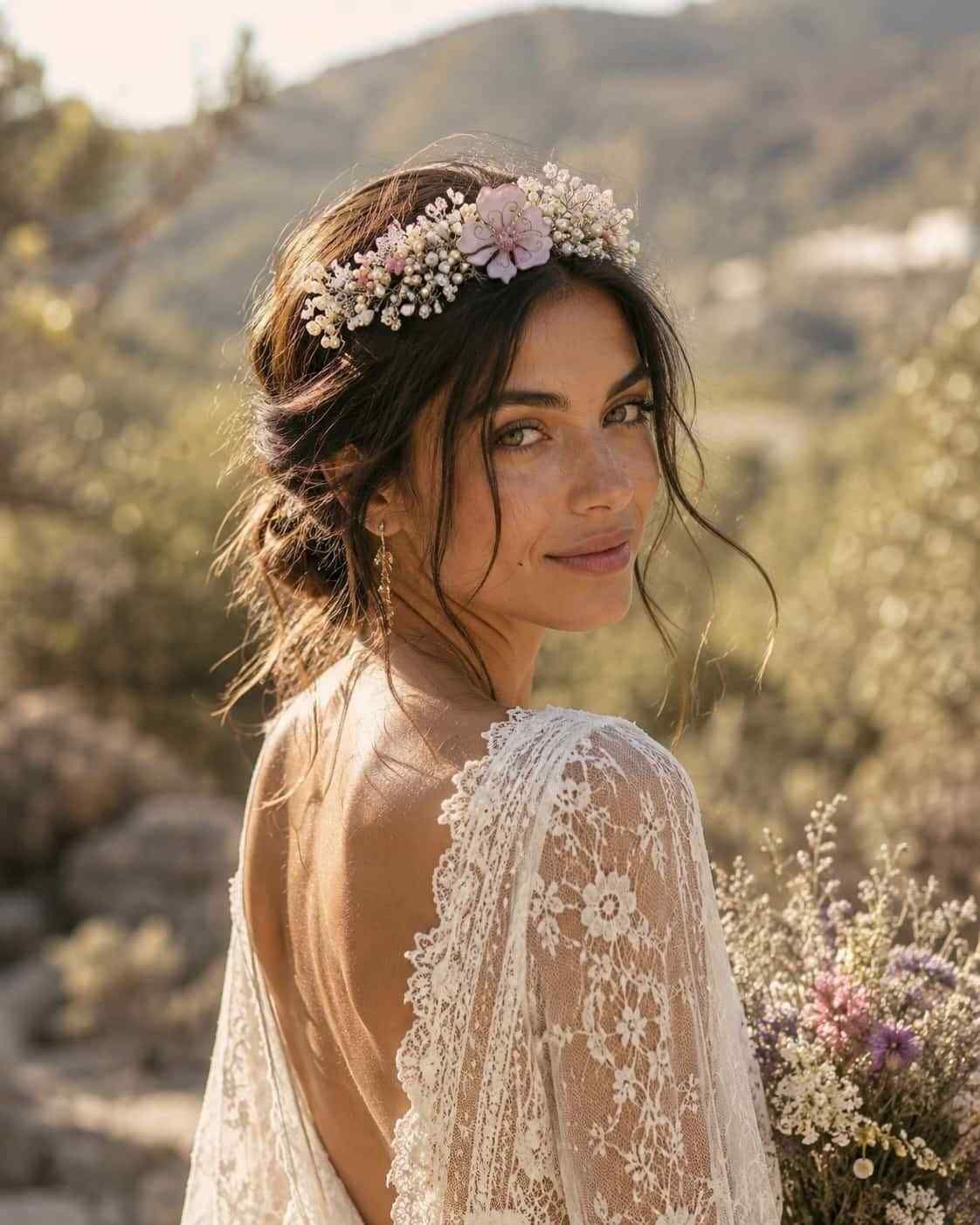 Retrato nupcial de una mujer con un vestido de encaje y una corona de flores, mirando hacia atrás.