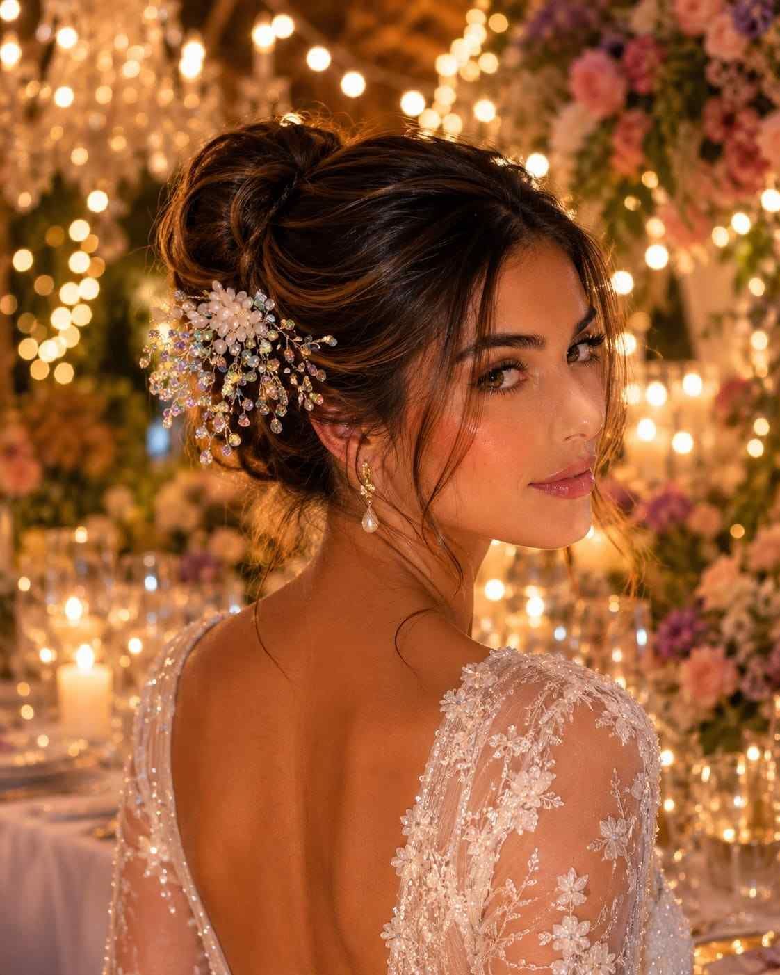Retrato nupcial de una mujer con un vestido de encaje y el cabello adornado con joyas.