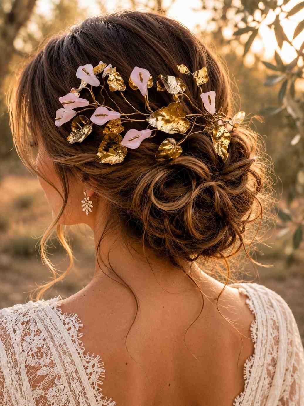 Mujer con horquillas florales en un elegante recogido, vista desde atrás bajo la cálida luz del sol.