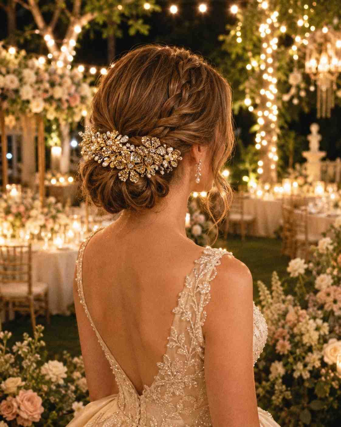 Mujer con vestido dorado y tocado enjoyado en un evento floral a la luz de las velas.