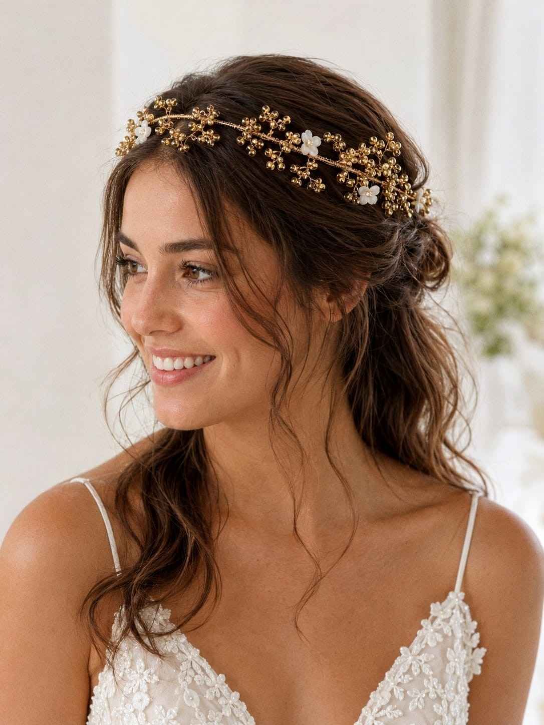 Novia con vestido de encaje blanco y corona de flores, sonriendo bajo una suave luz natural.