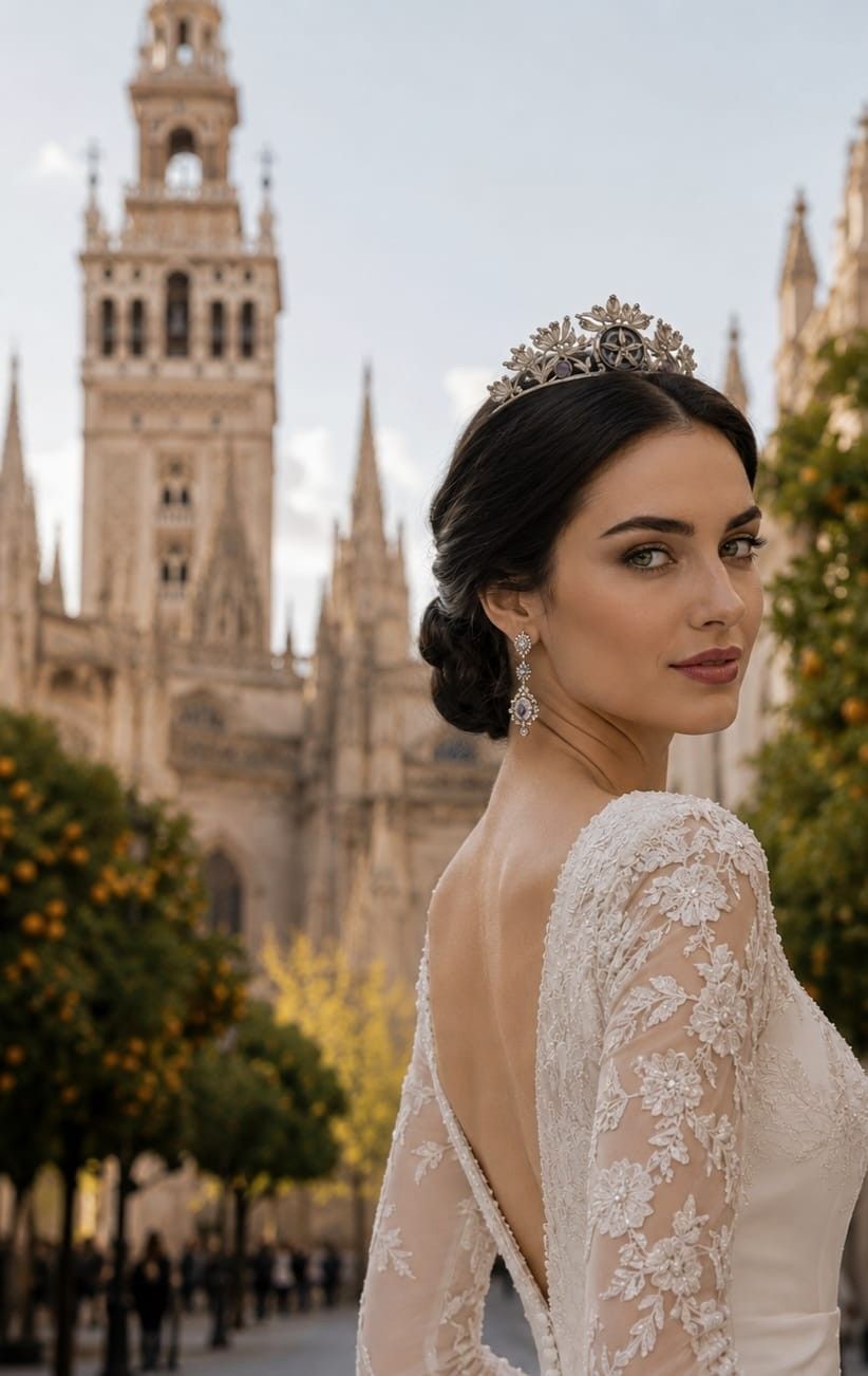 Novia con vestido de encaje y tiara, mirando por encima del hombro frente a una catedral.