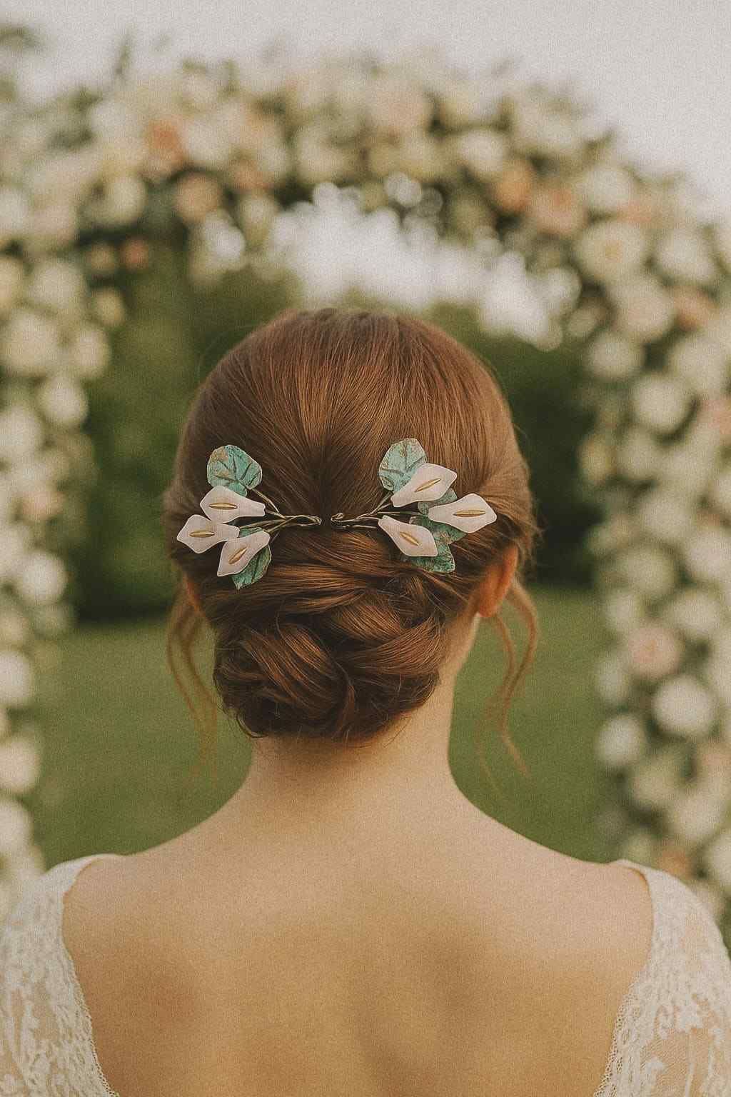 Mujer vista de espaldas con un tocado floral, de pie frente a un arco de flores borroso.