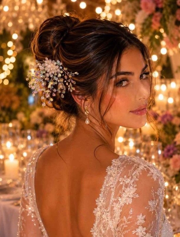 Novia con un vestido de encaje, un elegante recogido y un tocado enjoyado, iluminada por la cálida luz de las velas y las flores.