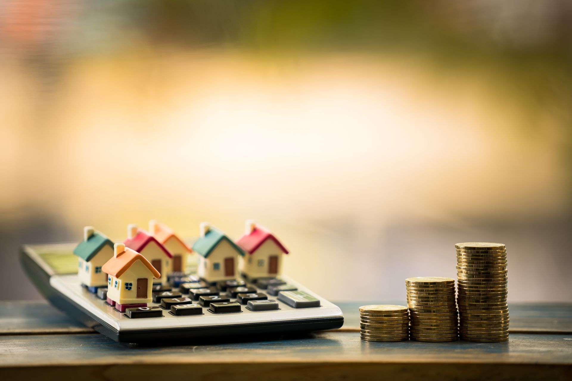 Des maisons miniatures sur une calculatrice avec des piles de pièces, représentant les finances immobilières.