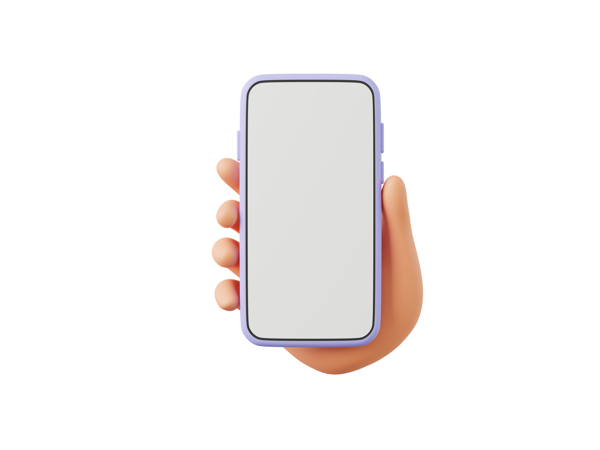 Main dessinée tenant un smartphone à cadre violet et écran blanc vierge, centré sur un fond blanc.