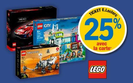 25 % en ticket E.Leclerc avec la carte. Présentation de 3 boîtes de la gamme LEGO.
