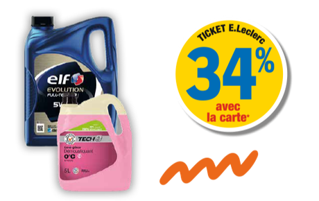 34 % en ticket E.Leclerc avec la carte. Présentation d'un bidon d'huile moteur de la marque ELF et d'un bidon de lave-glace de la marque TECH.