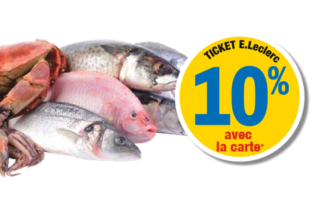 10 % en ticket E.Leclerc avec la carte. Présentation de différents poissons et d'un crabe.