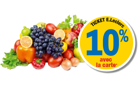 10 % en ticket E.Leclerc avec la carte. Présentation d'un ensemble de fruits et légumes comme une grappe de raisin noir, des citrons jaunes, des poivrons orange et rouge et des pommes rouges.