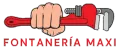 Logo de Fontanería Maxi con una mano sosteniendo una llave inglesa roja y gris
