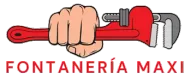 Logo de Fontanería Maxi con una mano sosteniendo una llave inglesa roja y gris