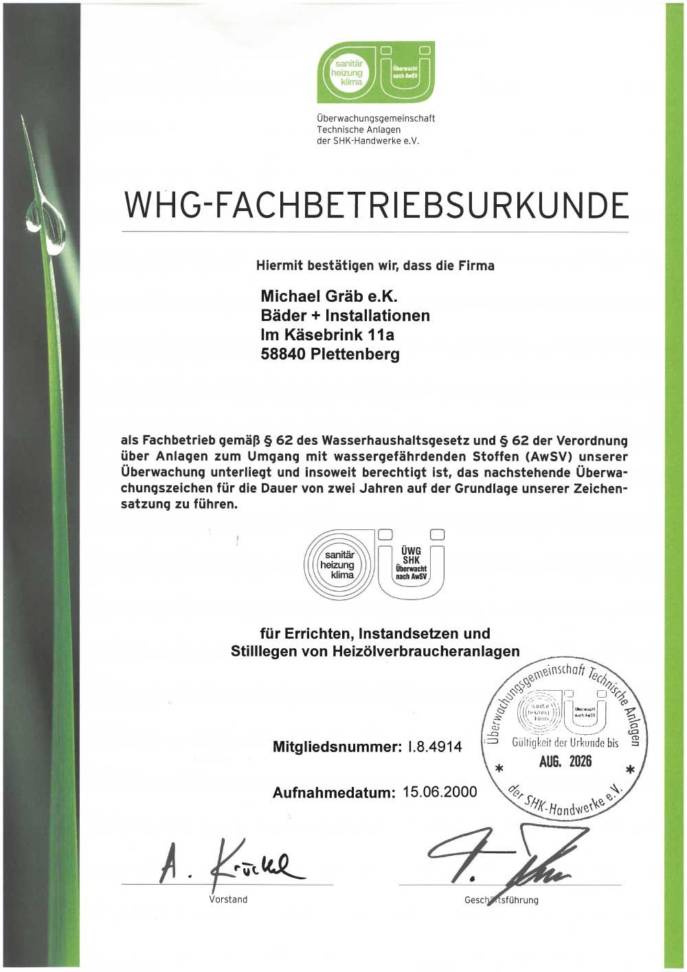 Zertifikat für Michael Grube, ein spezialisiertes Unternehmen für Wassergärten in Melzenberg, Deutschland.