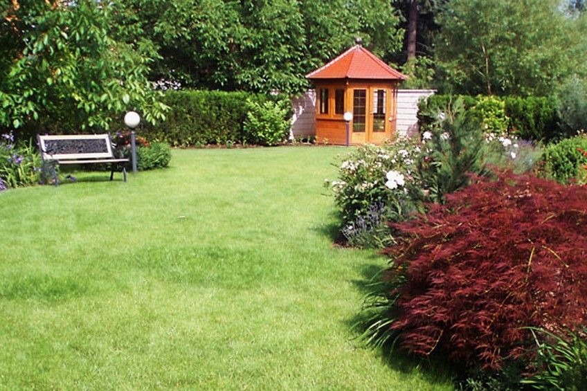 Ein Holzschuppen steht inmitten eines üppigen grünen Gartens