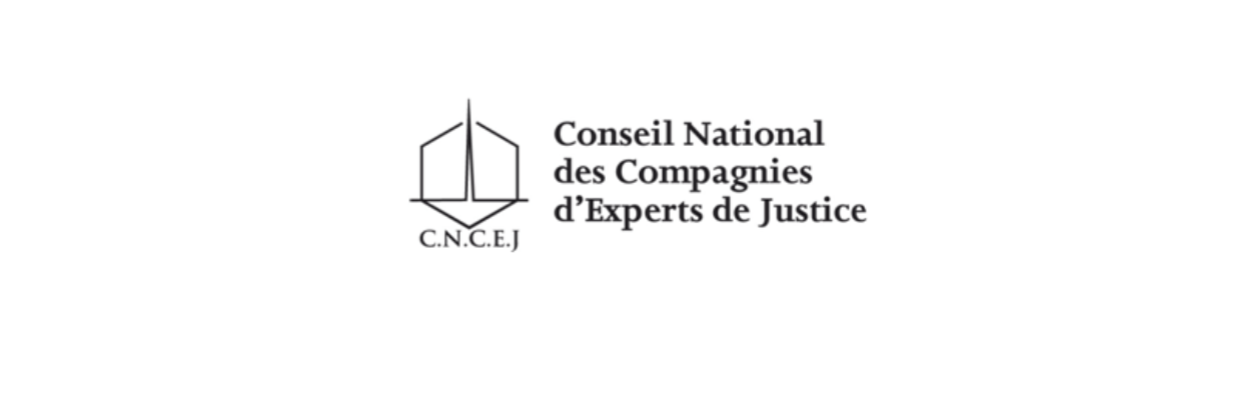 Conseil National des Compagnies d'experts de Justice, avec un design géométrique et un texte