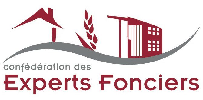 Confédération des Experts Fonciers : bâtiments rouges et blé sur une courbe grise avec texte en dessous
