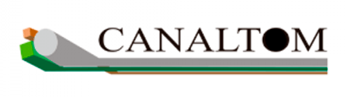 Logotipo para CANALTOM: texto con un diseño abstracto de elementos verdes, plateados, naranjas y negros.