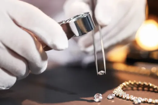 Joyero examinando un diamante con lupa y pinzas, con guantes y joyas.