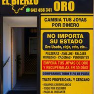Texto "COMPRO ORO EL BIERZO PONFERRADA" en dorado sobre fondo negro.