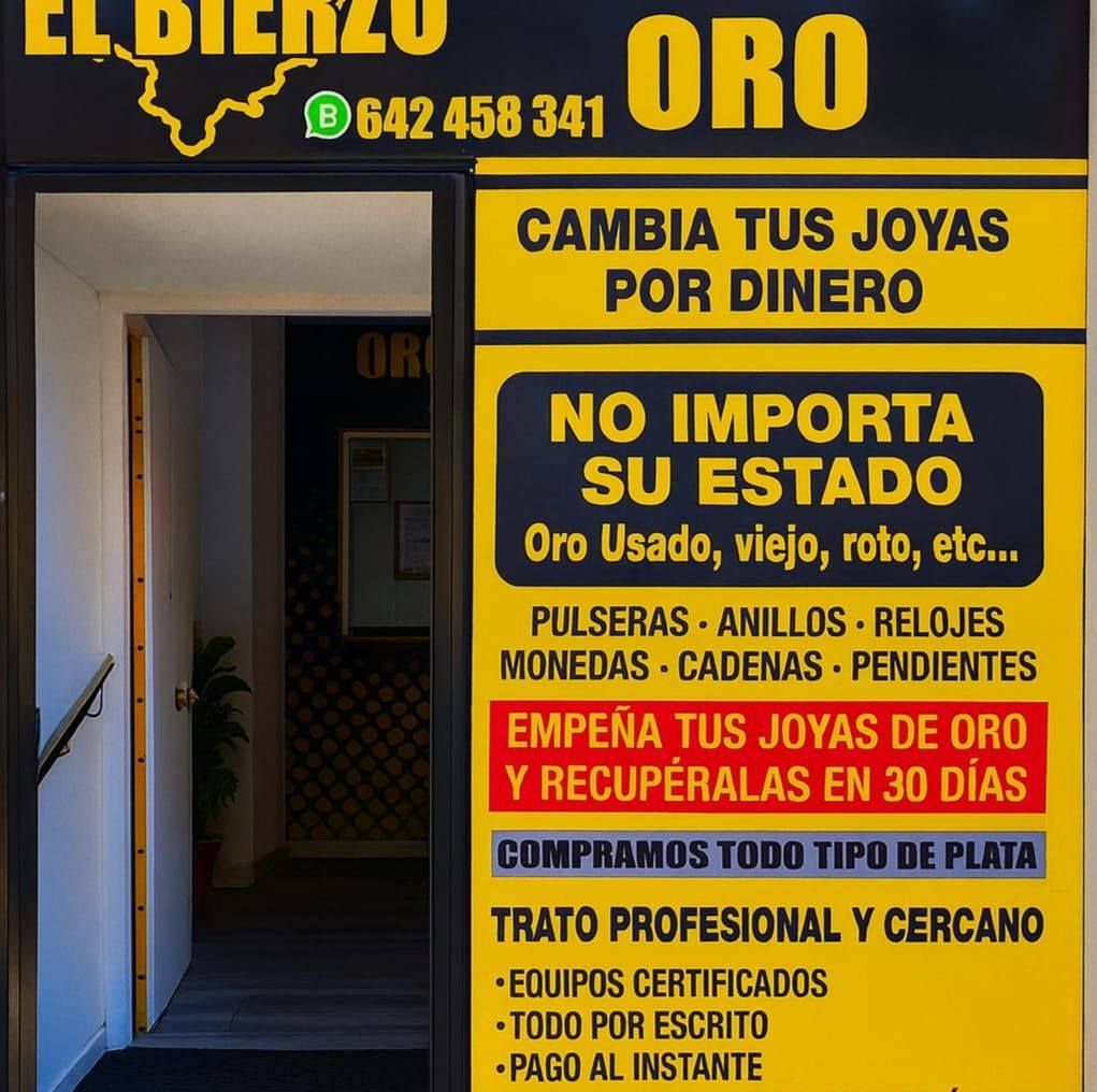 Cartel de un negocio de compra de oro, con texto en español, incluyendo el número de teléfono.