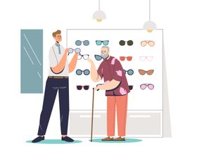 Illustration d'un opticien qui donne une des lunettes à un homme âgé avec une canne signifiant que la boutique à un accès PMR