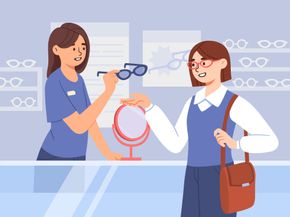 Illustration d'opticienne qui donne une seconde paire de lunettes à une cliente signifiant la seconde paire à partir d'1€