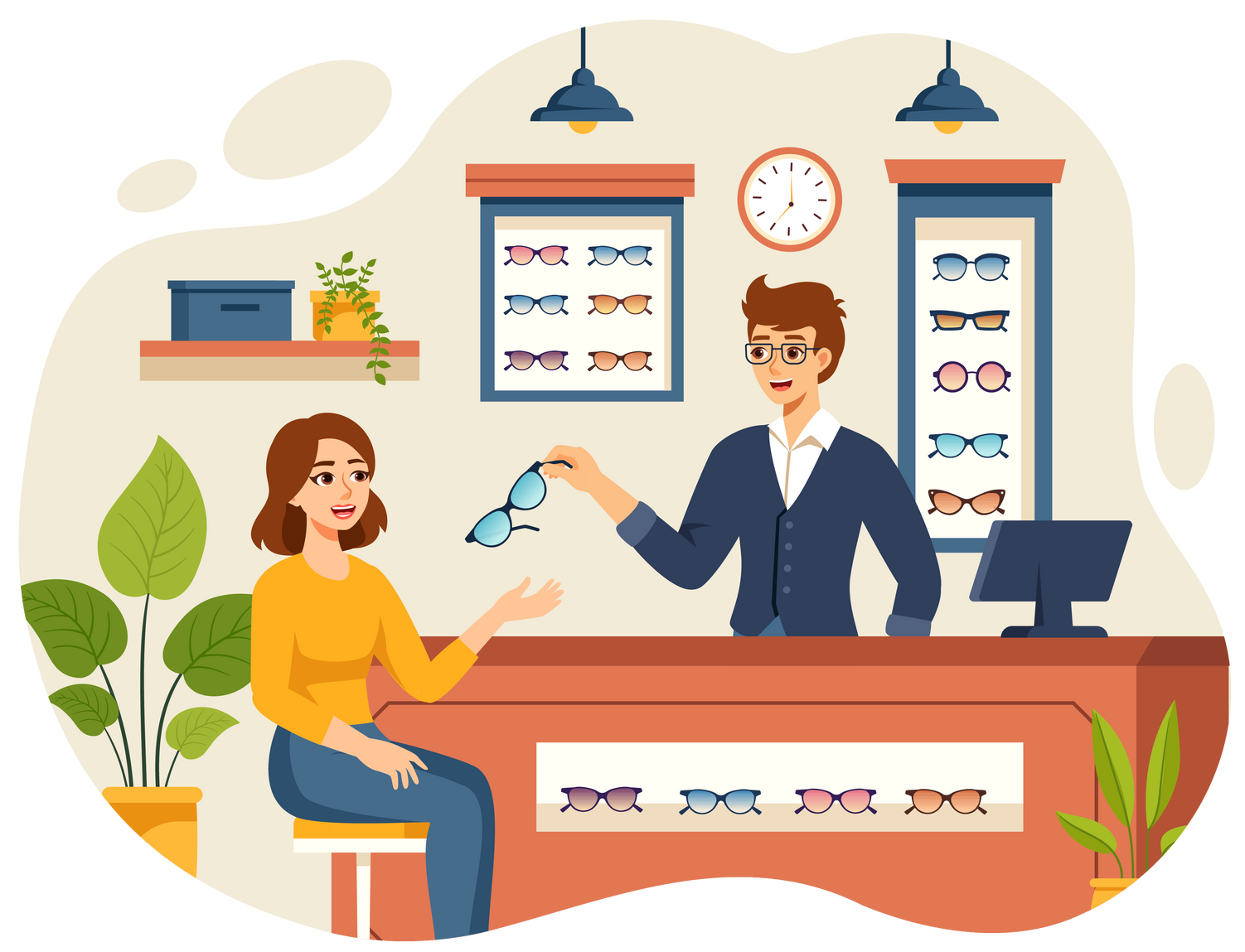 Illustration de femme qui donne une paire de lunettes à une cliente signifiant la réparation rapide