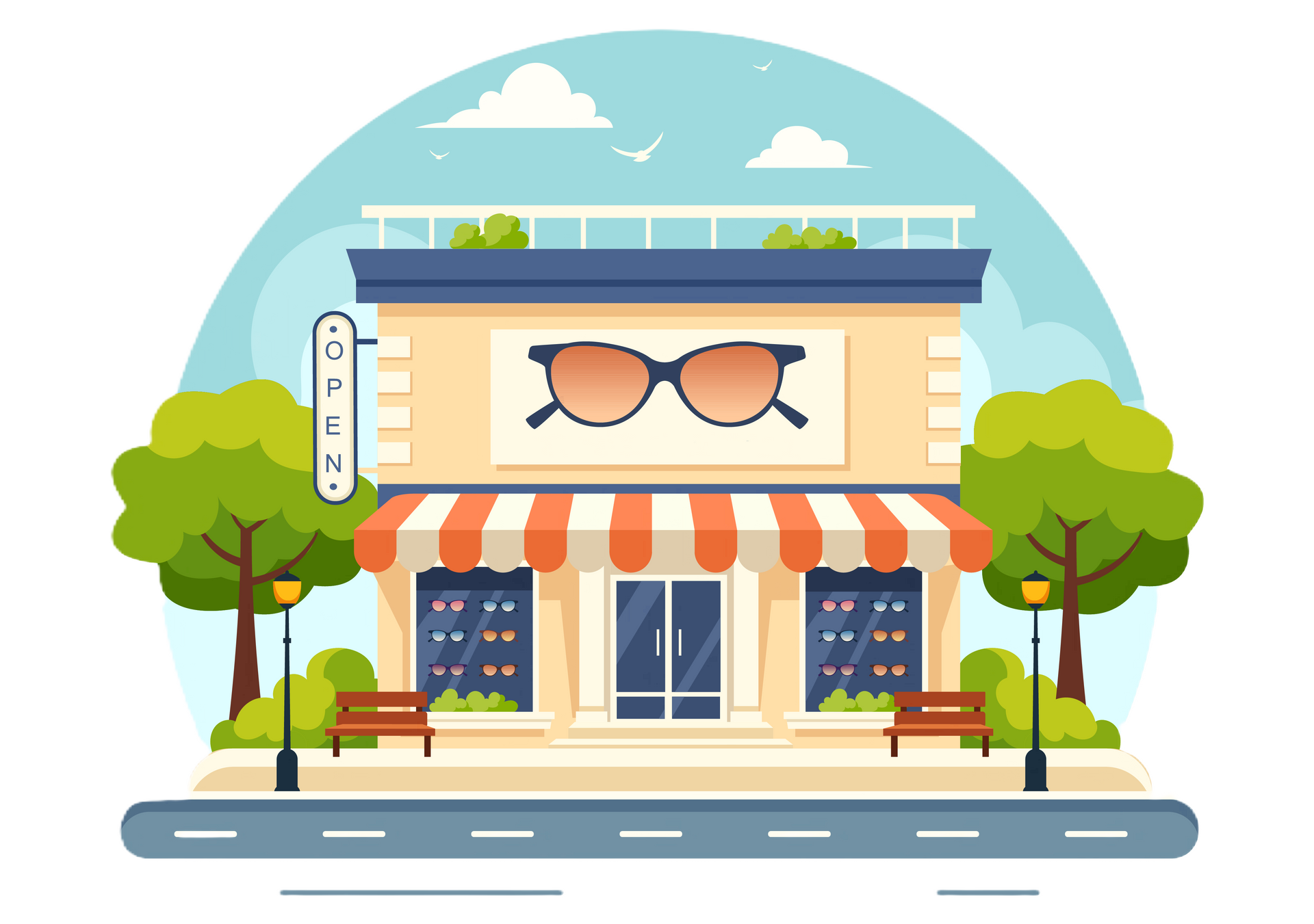 Illustration de boutique de lunettes signifiant l'ouverture 6j/7