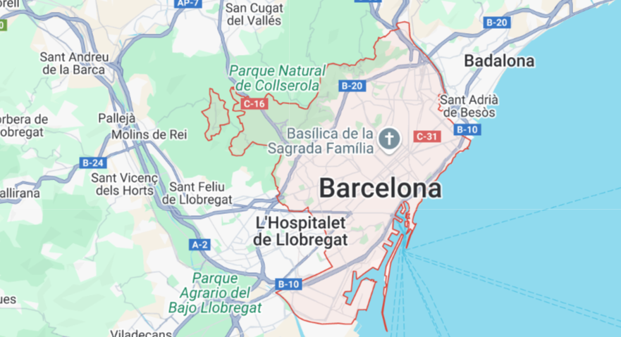 Mapa de Barcelona, España, destacando la ciudad y sus alrededores, con etiquetas para lugares de interés y pueblos.