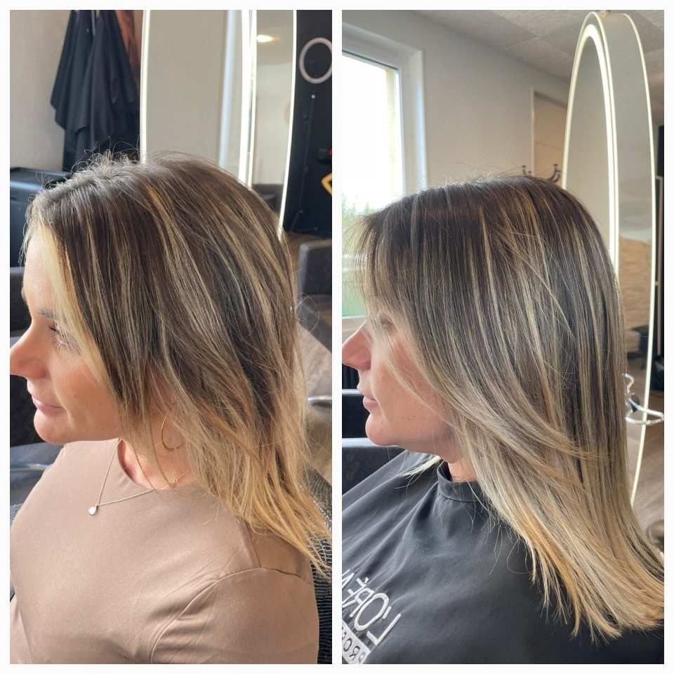 Une photo avant et après des cheveux d'une femme dans un salon.