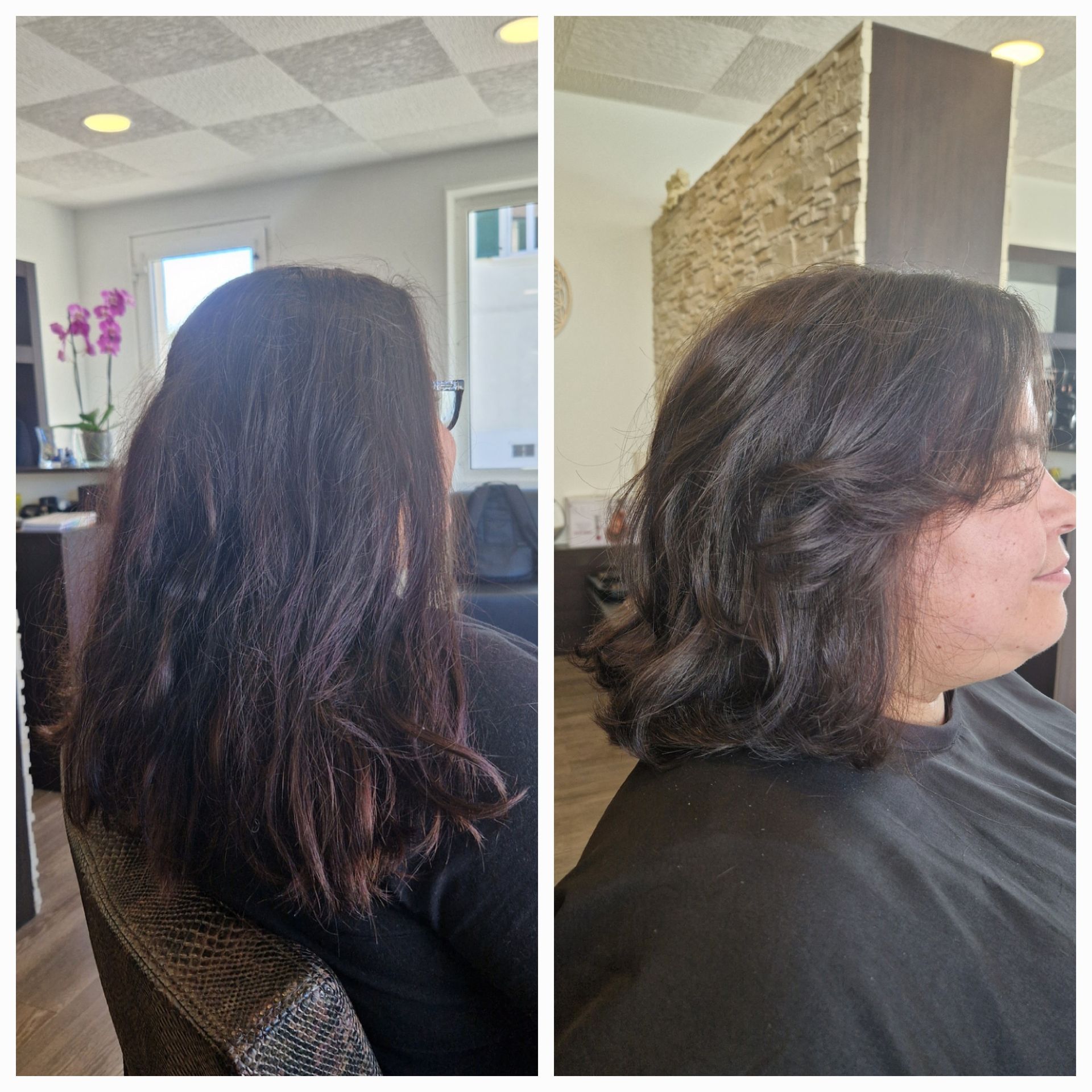 Une femme se fait teindre les cheveux par un coiffeur dans un salon.